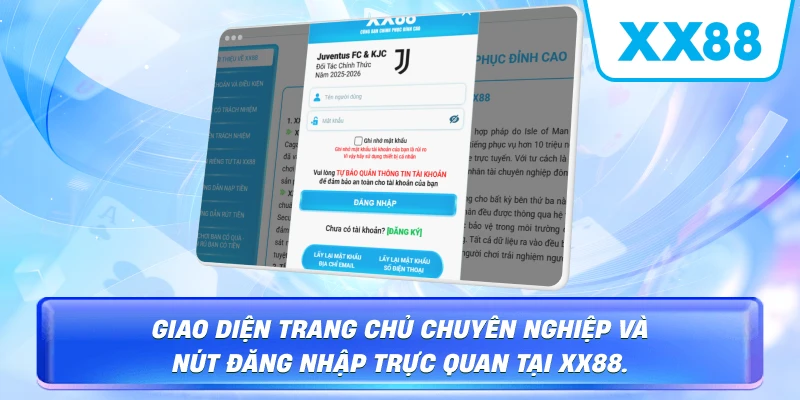 Giao diện trang chủ chuyên nghiệp và nút đăng nhập trực quan tại XX88.